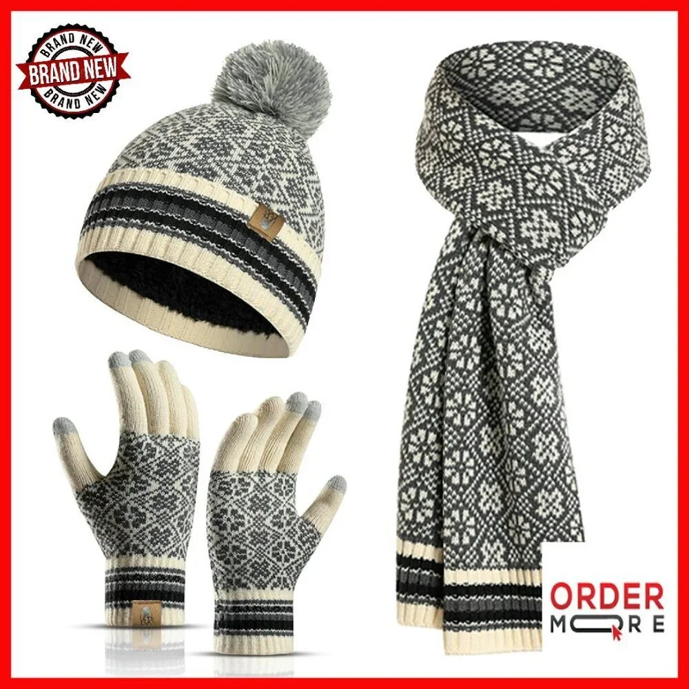 Fleece Lined Winter Beanie Scarf Gloves Set Touchscreen Thermal